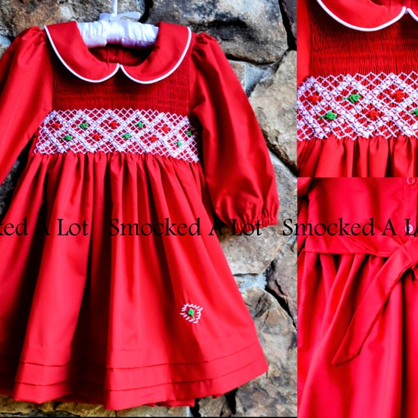 Smocked girls dress Classic Christmas red peter pan collar green white smocking Santa Claus