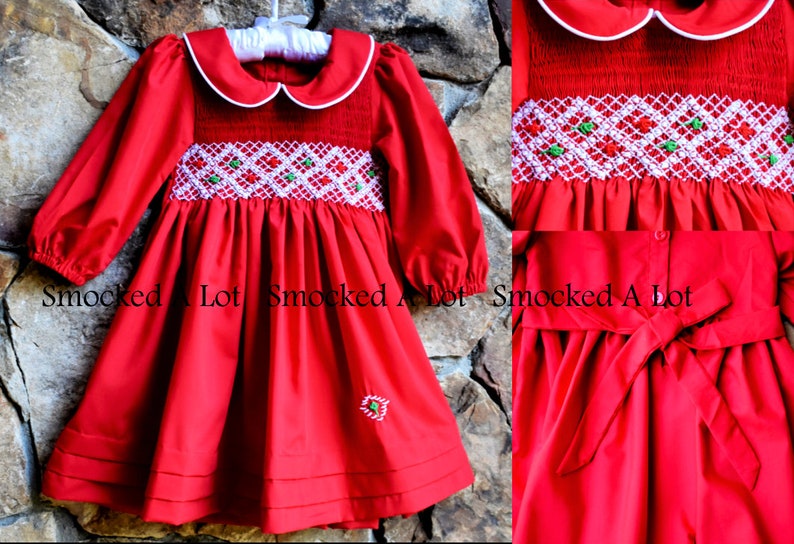 Smocked girls dress Classic Christmas red peter pan collar green white smocking Santa Claus