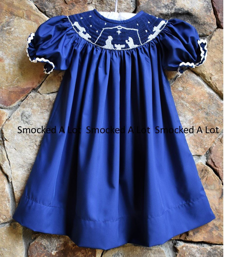 Smocked Girls Bishop Dress Christmas Day Nativity Manger Scene Navy Blue Christ Jesus Outfit Santa Tree Etsy