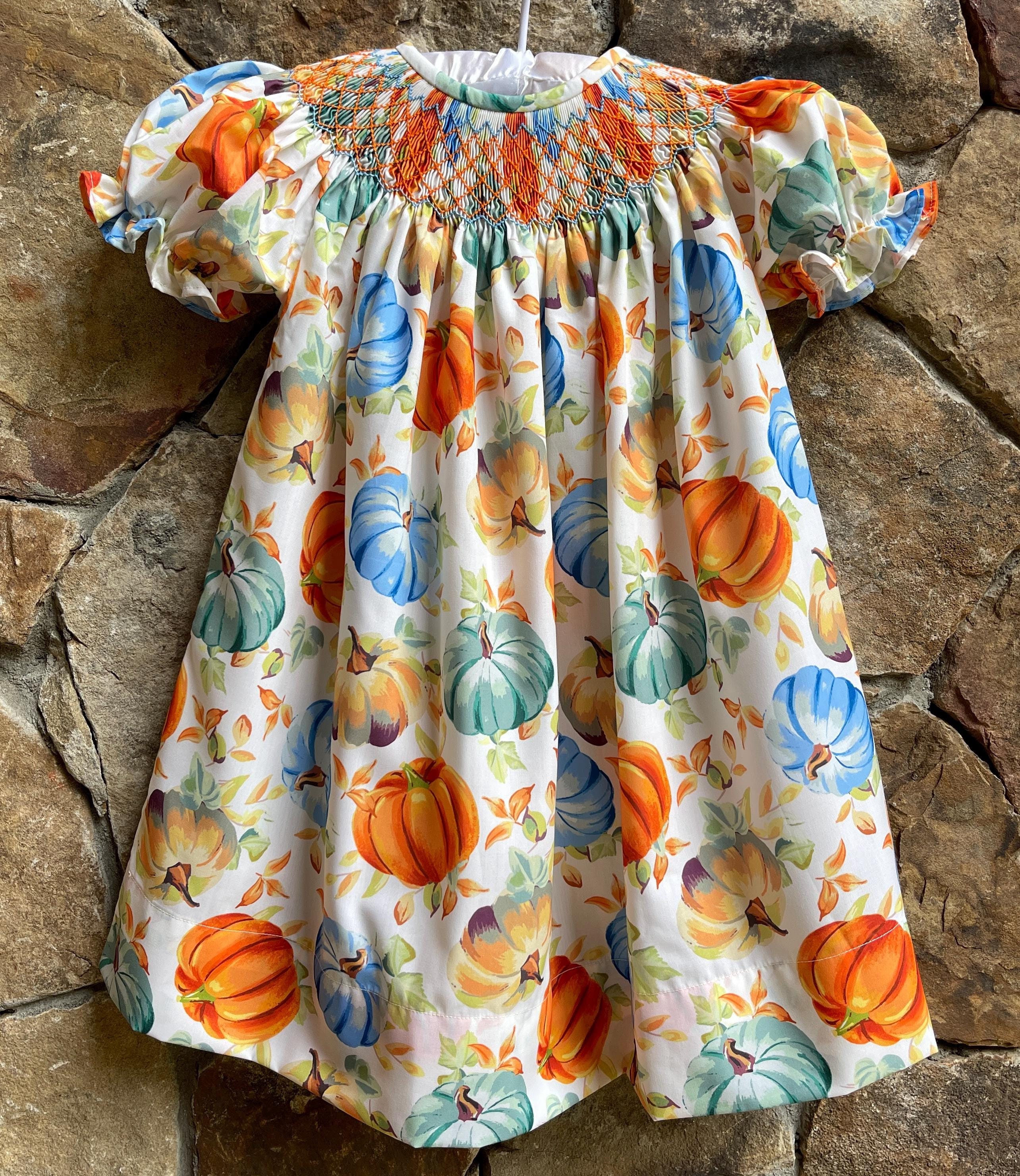 Girls Smocked Pumpkin Bishop Dress Thanksgiving Fall Halloween.  Classic, gorgeous fabric! By Smocked A Lot