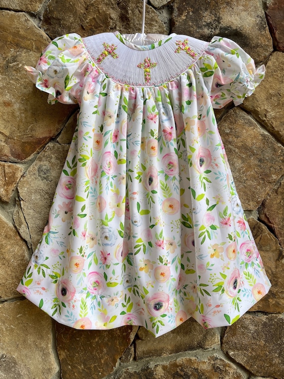 Girls Smocked Cross Bishop Dress Amazing Grace Floral Rose With Smocked Crosses Church Christ Outfit Bunny Etsy Canada