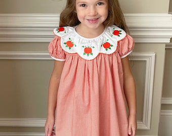 Girls Pumpkin dress Thanksgiving Fall orange gingham with scalloped collar embroidered boutique by Smocked A Lot Turkey