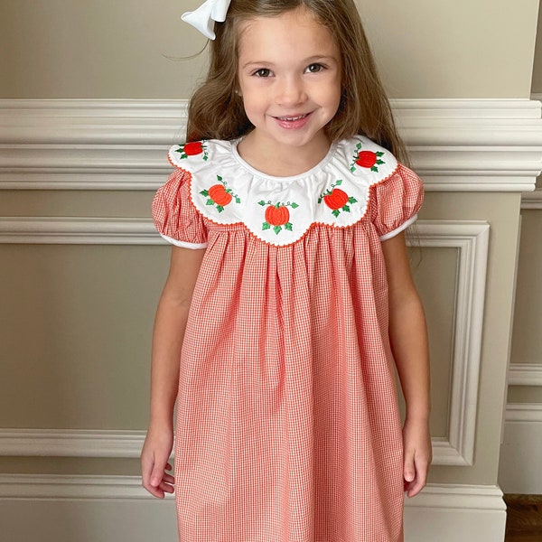 Girls Pumpkin dress Thanksgiving Fall orange gingham with scalloped collar embroidered boutique by Smocked A Lot Turkey