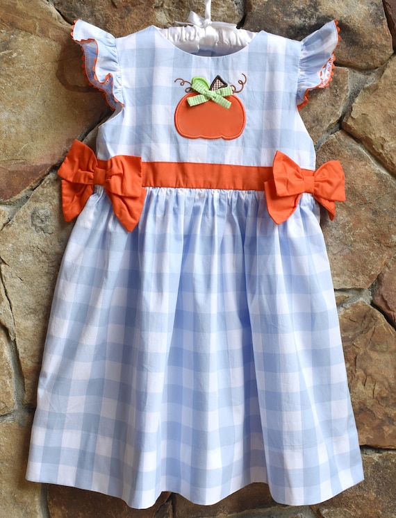 CLEARANCE! Girls Pumpkin Applique Dress Thanksgiving Fall Halloween With  Side Bows. Blue Gingham, Orange Smocked A Lot - Etsy