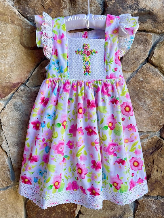 SALE! Girls Amazing Grace Smocked Cross Dress with lace- floral rose with Smocked crosses Church Christ Outfit bunny bishop SALE! Girls Amazing Grace Smocked Cross Dress with lace- floral rose with Smocked crosses Church Christ Outfit bunny bishop