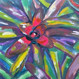 May include: A vibrant painting of a succulent plant featuring thick, layered leaves in shades of deep purple, magenta, bright lime green, and teal. The artwork uses bold, expressive brushstrokes to create a high-contrast, colorful botanical composition.