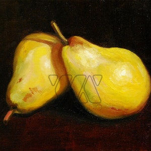 Gele peren - origineel olieverfschilderij op canvas. Kunst, kleurrijk, keuken, cadeau-idee, huis, decoratie, fruit, peer, stilleven, muurkunst