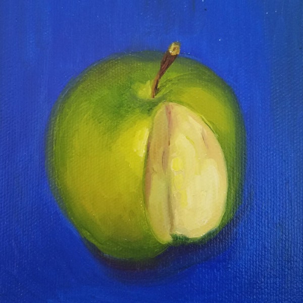 Pomme verte sur fond bleu - huile sur toile originale sur toile tendue. Art, coloré, maison, cuisine, ail, bleu, vert, idée cadeau, art mural, moderne