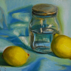 Mason Jar and Lemons - Original Painting. Art, mason jar, kitchen, gift idea, home, decoration, still life, wall art, fruit, lemon, oil