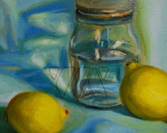 Mason Jar and Lemons - Original Painting. Art, mason jar, kitchen, gift idea, home, decoration, still life, wall art, fruit, lemon, oil