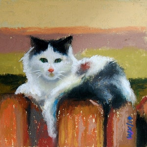 Neighborhood Cat 1. 4"x4" - Original Pastel on Paper Painting. Art, cute, gift idea, home, decoration, pet, cat, kitty, black, white