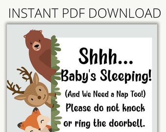 Baby Sleeping Door Sign with animals | Do not knock | Baby Shower Gift | Shhh Baby Sleeping | Front Door Sign | Digital PDF Instant Download