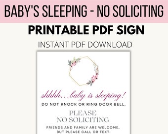 No Soliciting Sign for Door | Do not knock | Baby Shower Gift | Shhh Baby Sleeping | Front Door Sign | Digital PDF Instant Download