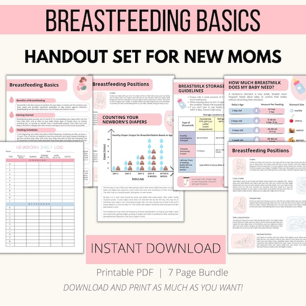 Breastfeeding Education Postpartum Handouts, Digital Download, 7-Page Bundle, Breastfeeding Graphics for New Moms and Lactation Consultants