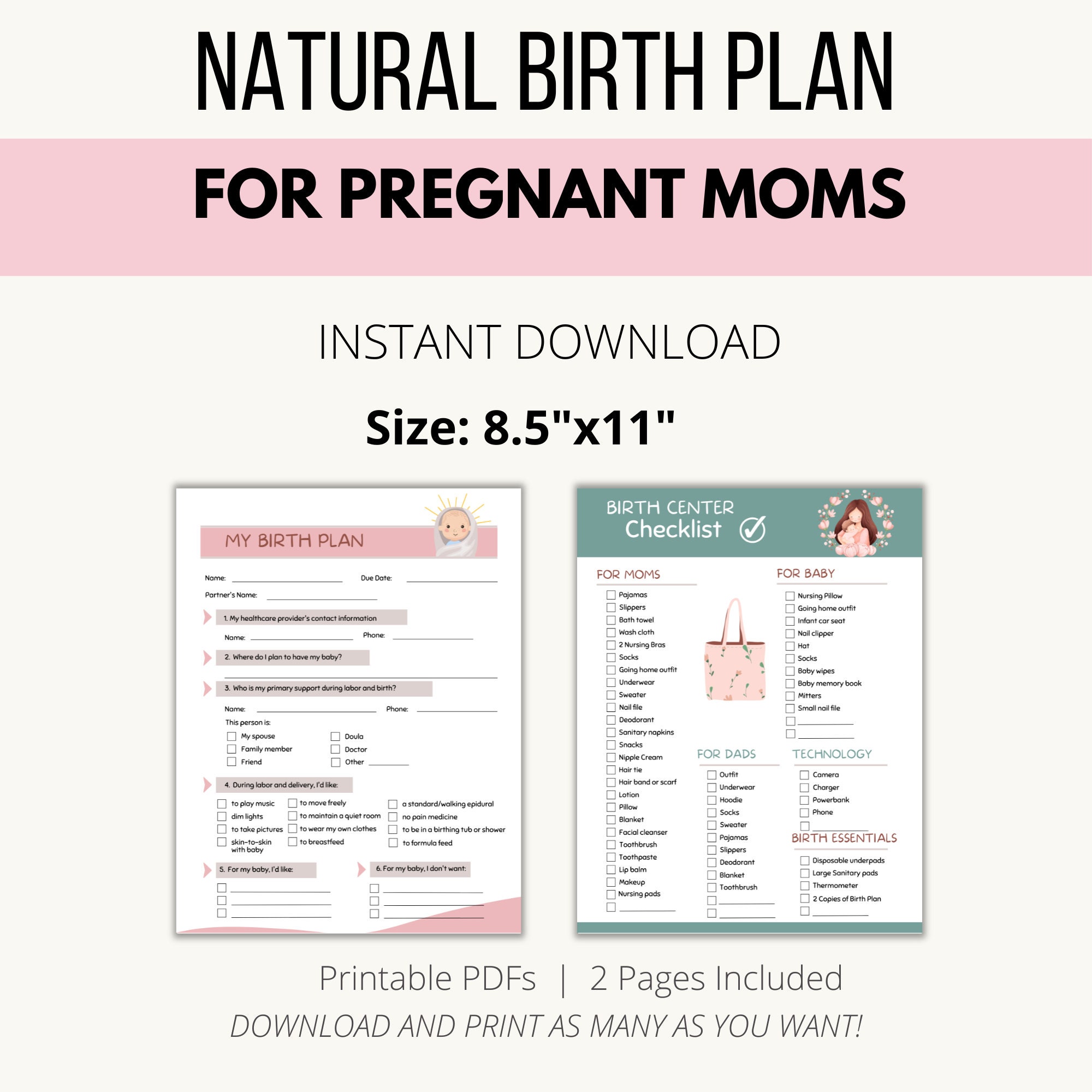 Birth Plan Template Printable for Pregnant Mom, Expectant Mom, Natural ...