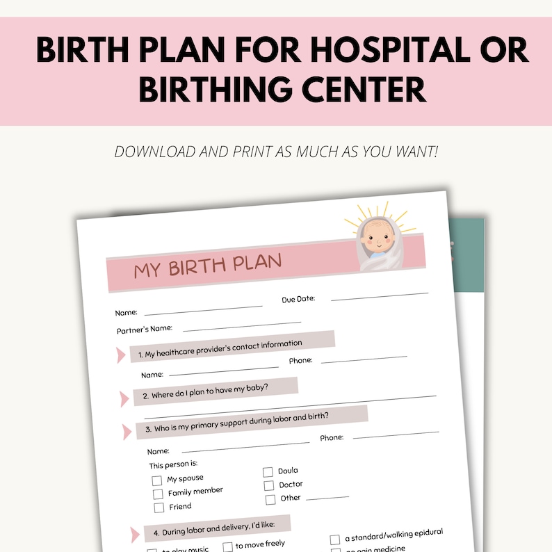 Birth Plan Template Printable for Pregnant Mom, Expectant Mom, Natural ...