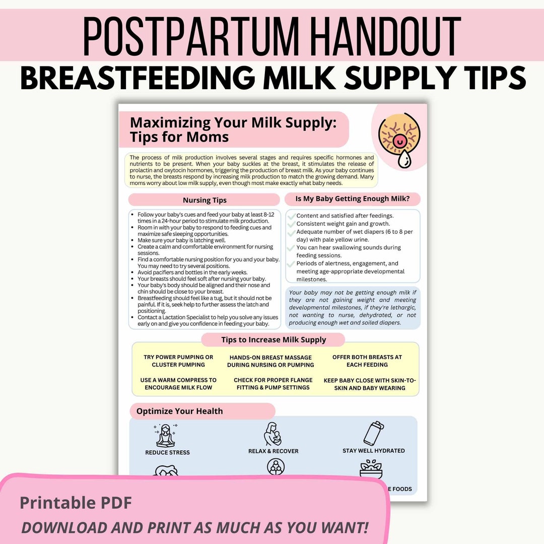 Postpartum Handout Breast Milk Supply Tips Printable, Breastfeeding