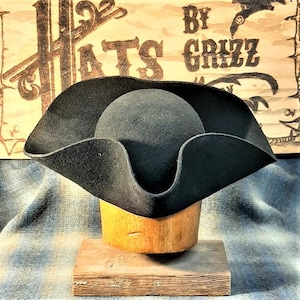 Militia Tricorn hat, Colonial, Militia, Revolutionary War, reenactment, historic, Lil Grizz, hand blocked, hand shaped, custom-fitted Black