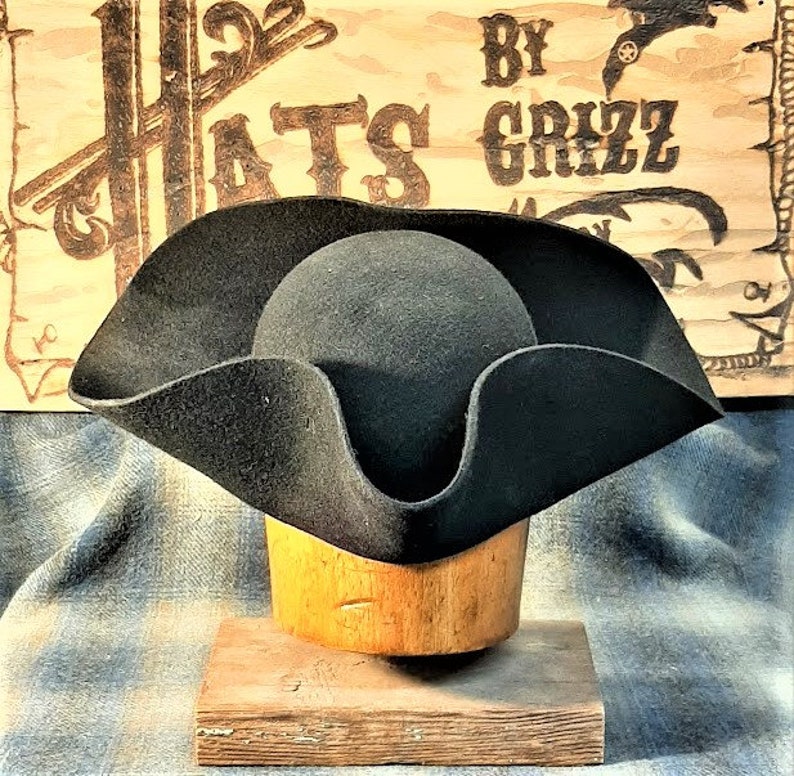 Militia Tricorn hat, Colonial, Militia, Revolutionary War, reenactment, historic, Lil Grizz, hand blocked, hand shaped, custom-fitted Black