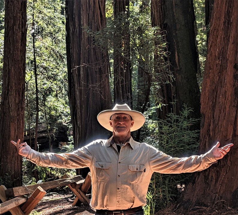 Puede incluir: Una persona con una camisa de botones de color beige y un sombrero blanco se para con los brazos extendidos en un bosque de altos &aacute;rboles de secuoya.