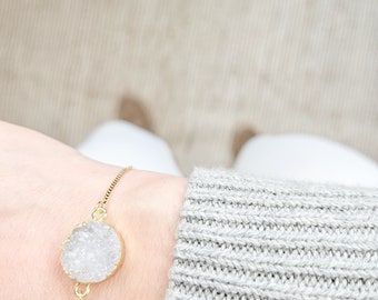 Adjustable Round Druzy Quartz Crystal Bracelet