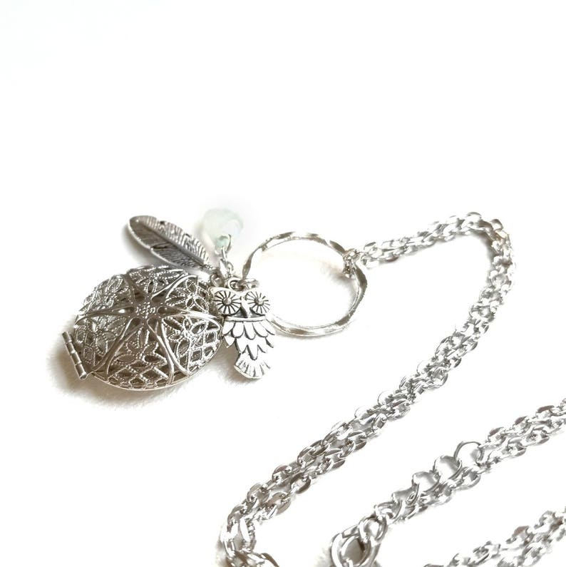 Aqua Drop Owl and Feather Diffuser Necklace Silver / Etsy