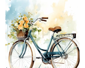 Bike and Flowers -  watercolor print - set of 4 - digital download