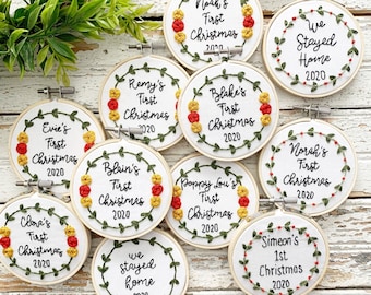 Personalized Baby's First Christmas Ornament, Hand Embroidered Floral Wreath