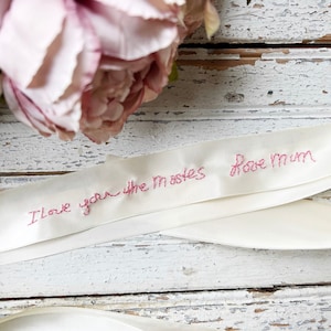 Hand Embroidered ribbon for bouquet, wedding memorial handwriting, something blue for bride
