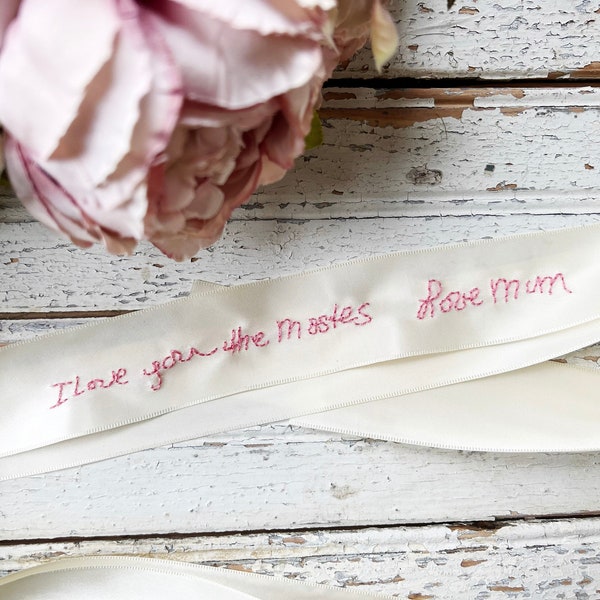 Hand Embroidered ribbon for bouquet, wedding memorial handwriting, something blue for bride