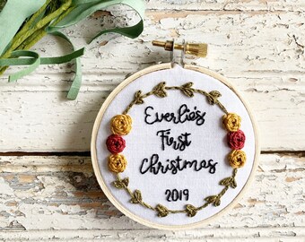 Babys first christmas ornament personalized 2023, Embroidered name ornament, Rustic First Christmas ornament with embroidered green wreath