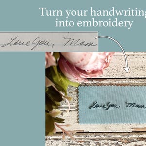 May include: A light blue fabric with the handwritten phrase "Love You, Mom" embroidered in black thread.