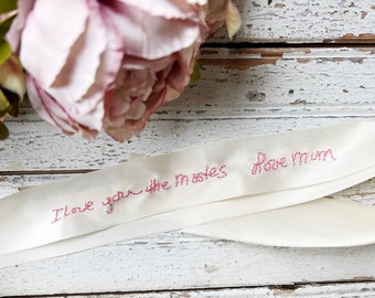 Hand Embroidered ribbon for bouquet, wedding memorial handwriting, something blue for bride