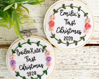 Hand Embroidered First Christmas Ornament, Personalized Baby Gift