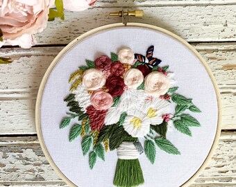 Bridal Bouquet Embroidery, wedding flower embroidery, Handmade wedding keepsake for second anniversary gift