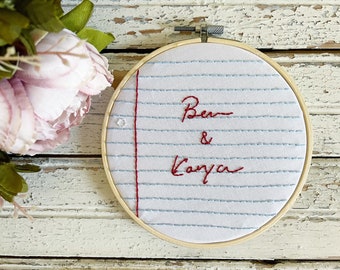 Embroidered Names Hoop, Cotton Anniversary Gift, Notebook Paper Sign