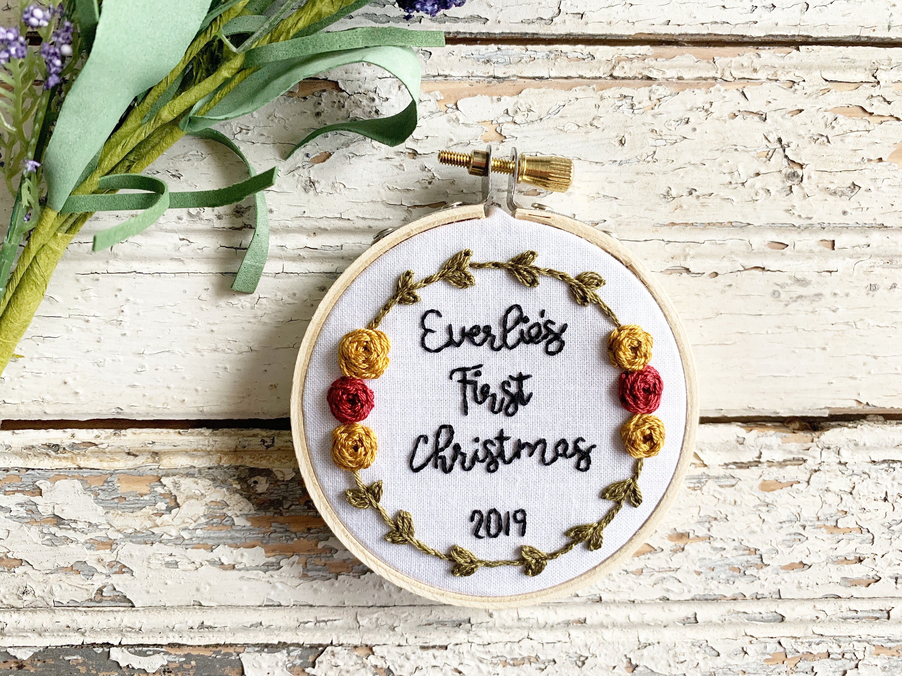 Babys first christmas ornament personalized, Embroidered name ornamen…