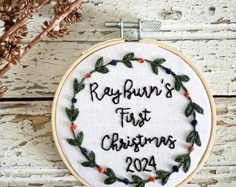 Hand Embroidered Baby's First Christmas Ornament: Keepsake Gift