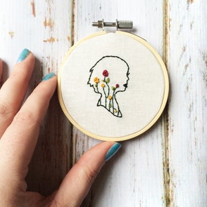 Mini Embroidery hoop Embroidered hoop art Silhouette woman Embroidery Floral hoop art Embroidery art Gift for her Hippie home decor image 1