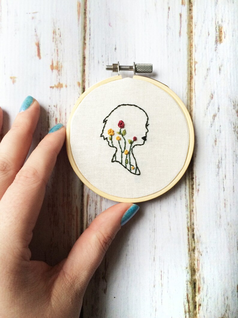 Mini Embroidery hoop Embroidered hoop art Silhouette woman Embroidery Floral hoop art Embroidery art Gift for her Hippie home decor image 1