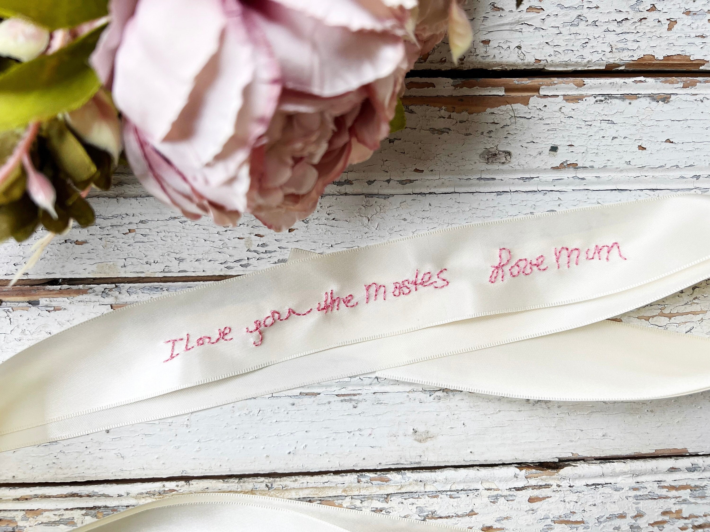 Hand Embroidered Ribbon for Bouquet, Wedding Memorial Handwriting ...