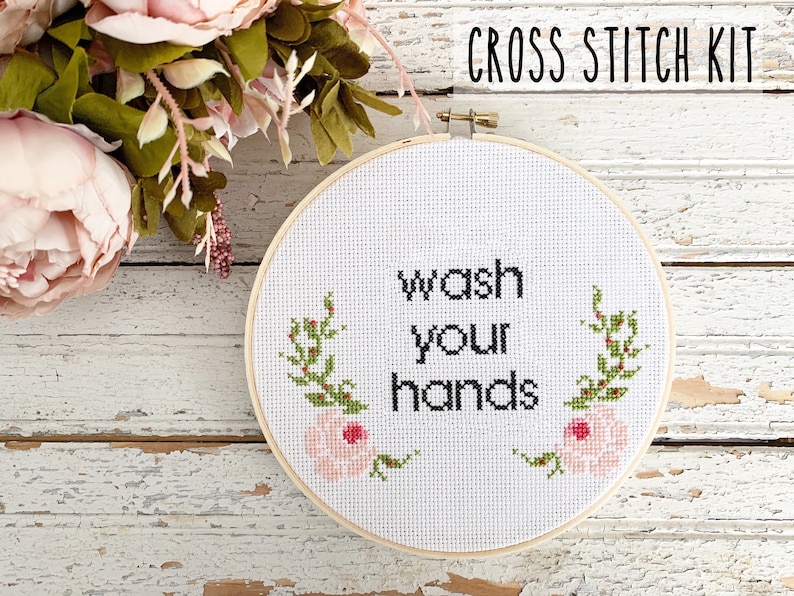 Cross stitch kit,Wash your hands cross stitch,Funny cross stitch kit,DIY kit,DIY cross stitch kit,Funny bathroom sign,Wash your hands sign image 1