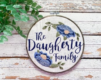 Family name sign, Hand embroidered family sign, Custom family sign embroidery, Family name sign with wreath and flowers, Custom wedding sign