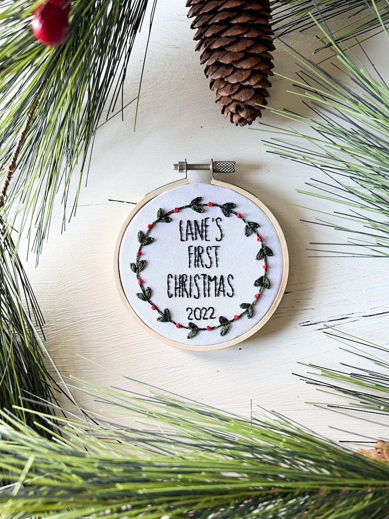 Babys first ornament, Embroidered 2022 ornament, custom ornament, My first ornament, Name ornament 2022, Personalized name ornament image 1