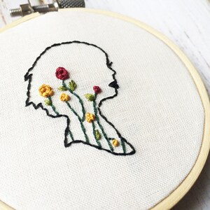 Mini Embroidery hoop Embroidered hoop art Silhouette woman Embroidery Floral hoop art Embroidery art Gift for her Hippie home decor image 3