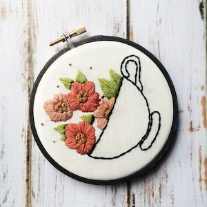 Embroidered tea cup sign with florals, Hand Embroidery Tea art, Tea lover gift, Floral embroidery art, Tea cup sign for kitchen