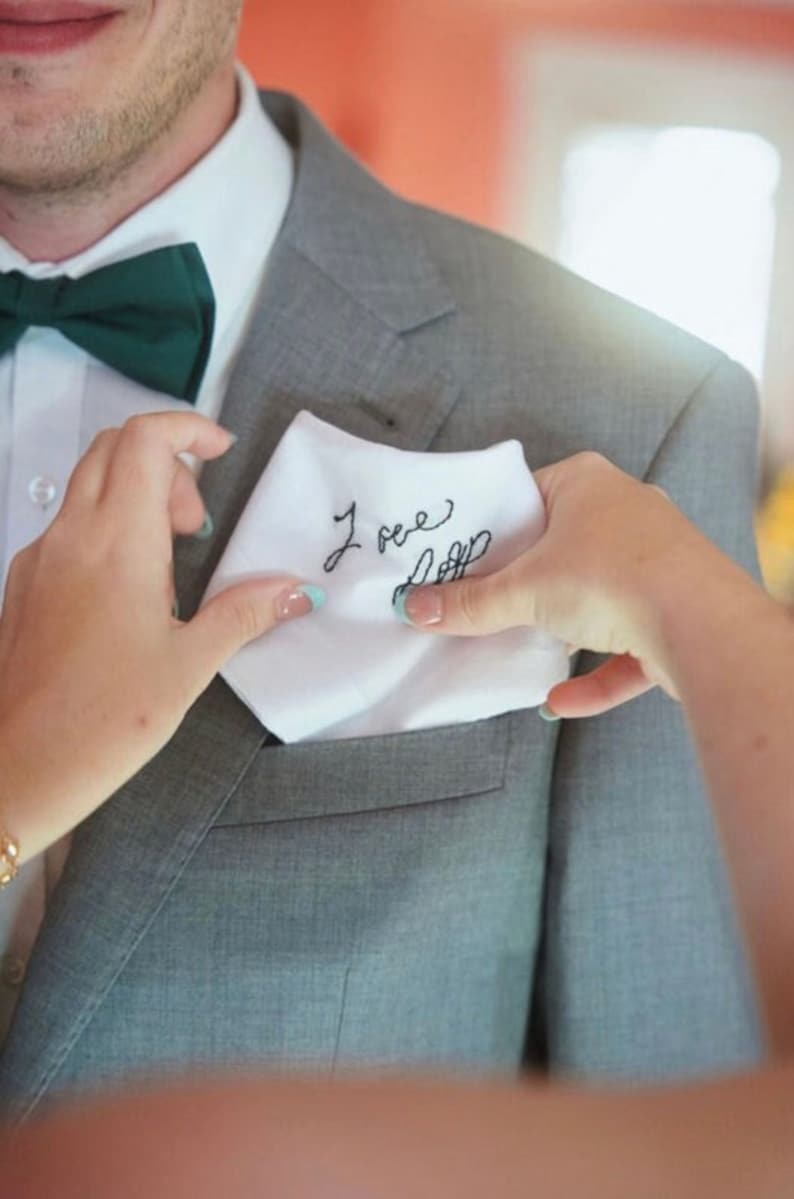 Wedding gift for groom, Wedding handkerchief for groom, Embroidered wedding gift for couple, Embroidered handwriting for wedding image 1