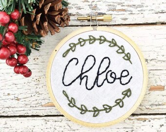 Stocking name tag, stocking tag ornament personalized, Rustic name Christmas ornament with embroidered green wreath