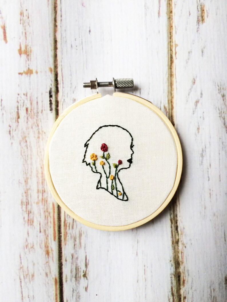 Mini Embroidery hoop Embroidered hoop art Silhouette woman Embroidery Floral hoop art Embroidery art Gift for her Hippie home decor image 2