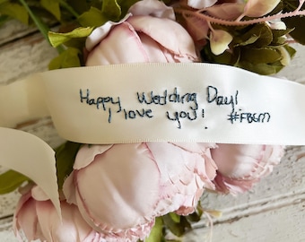 Wedding bouquet ribbon with handwriting, Something blue wedding gift, Wedding bouquet charm, Wedding gift for bride